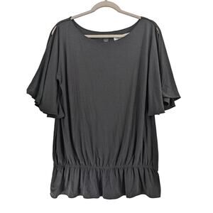 INC International Concept Peplum Blouse M Black Cold Shoulder Flutter Sleeve Top